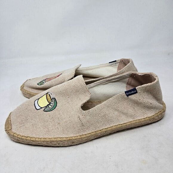 SOLUDOS Beer Shot Smoking Slippers Beige Espadrilles Drink Embroidery Sz 11 - Picture 3 of 7